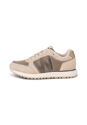 Beige suede sneaker with mesh panels, rounded toe, and rubber sole. Features a contrast patterned design on the side and lace-up closure.
