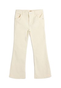 Pantalones acampanados de color crema, hechos de suave algodón, con cinco bolsillos, cierre frontal con botón y detalles de costura sutiles.