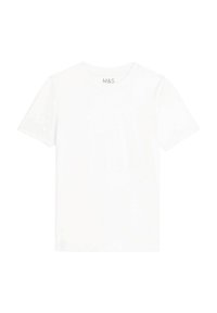 T-shirt en coton blanc à col rond et manches courtes, avec un ourlet droit et une marque minimale au niveau du col. Texture lisse, design simple.