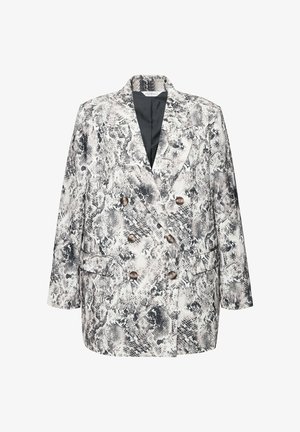 Doppelt breiter Blazer im Schlangenprint-Muster, mit einer Mischung aus Schwarz-, Grau- und Weißtönen. Enthält zwei Fronttaschen und bronzefarbene Knöpfe.