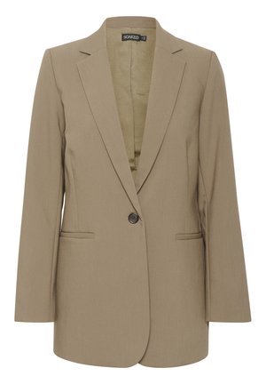 Beige blazer lavet af struktureret stof med en enkelt sort knap, notch lapeller og to forlommer. Åben frontdesign.