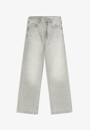 Svetlo sive široke kavbojke z žimnanim zaključkom. Imajo pet žepov in zanke za pas. Iz trdega, teksturiranega bombažnega materiala.