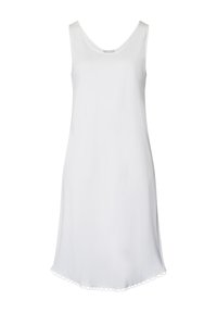 Vestido blanco sin mangas con escote redondeado, tejido suave, textura lisa y detalle de dobladillo con forma de concha. Corte recto y sencillo.