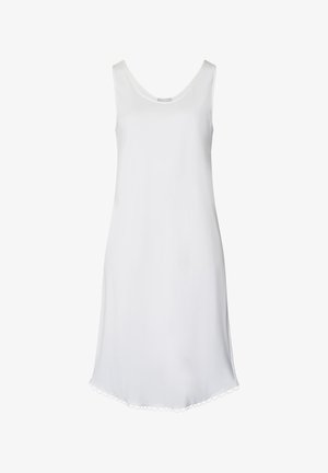 Robe blanche sans manches avec un décolleté arrondi, en tissu doux, texture lisse et détails à ourlet festonné. Coupe simple et droite.