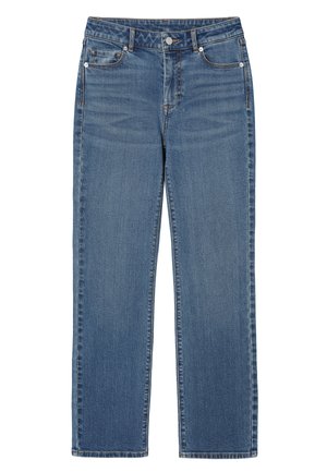 Kék farmernadrág egyenes szárú szabással. Jellemzői: gombos slicc, két első zseb és kontrasztos varrás. Klasszikus öt zsebes kialakítás.