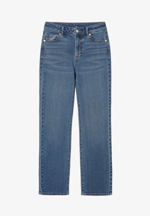 Kék farmernadrág egyenes szárú szabással. Jellemzői: gombos slicc, két első zseb és kontrasztos varrás. Klasszikus öt zsebes kialakítás.