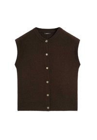 Brun ärmlös cardigan i mjuk ull, med rund halsringning och sex framknappar med dekorativa detaljer.