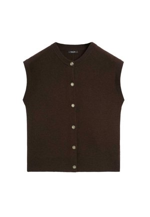 Cardigan senza maniche marrone realizzato in morbida lana, con scollo rotondo e sei bottoni frontali con accenti decorativi.