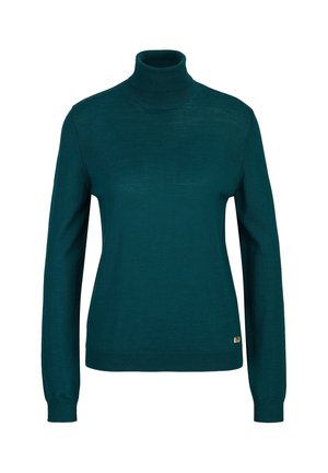Pull col roulé à manches longues bleu sarcelle foncé avec poignets et ourlet côtelés, avec une petite étiquette de logo dorée près de l'ourlet inférieur.