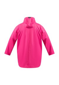 Giacca impermeabile rosa brillante con cappuccio, maniche lunghe e taglio dritto. Tessuto liscio con design minimalista, senza hardware visibile.