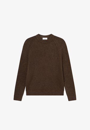 Pull en tricot marron avec un col rond, des manches longues et un ourlet côtelé. Fabriqué à partir d'un tissu doux, avec une finition texturée.