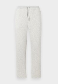 Hellgraue Sweatpants mit weicher Textur, elastischem Bund und Kordelzug. Mit schmal zulaufenden Beinen und ohne sichtbare Taschen. Lässiges Design.