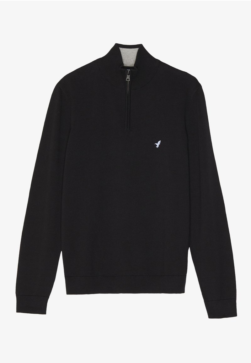 Black long-sleeve sweater with a quarter zip collar and a small white bird logo on the left chest side.