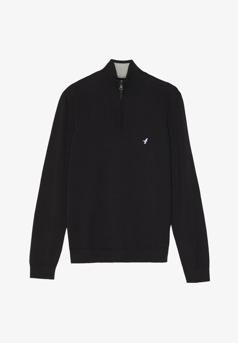 Black long-sleeve sweater with a quarter zip collar and a small white bird logo on the left chest side.