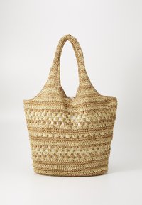 Woven straw tote bag with dual handles, featuring a textured, open weave pattern and natural beige color, suitable for casual use.