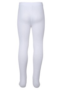 Weiße Leggings aus elastischem Stoff mit weicher Textur, ausgestattet mit einem breiten Bund und einer glatten Oberfläche, die dazu entworfen sind, eng an den Beinen zu sitzen.