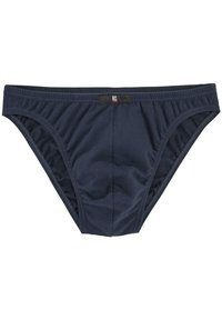 Marineblaue Herrenunterhosen aus weichem Stoff, mit einem dehnbaren Bund, elastischen Beinausschnitten und einem kleinen Logosticker an der Vorderseite.