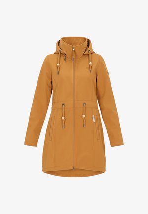Honey-colored waterproof jacket with a high collar, adjustable drawstring hood, front zip, and two side pockets. Features wooden accents.