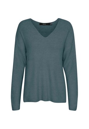 Zaļganzils džemperis ar V veida izgriezumu, garām piedurknēm, ribota struktūra un brīvs piegriezums; gluda auduma virsma ar smalku šuvju izstrādi.