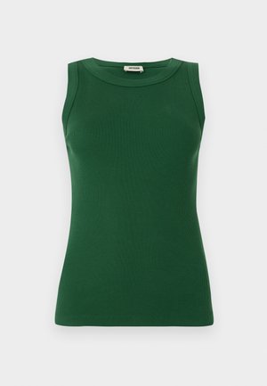Green sleeveless ribbed tank top with a round neckline, featuring a smooth texture and a fitted silhouette.
