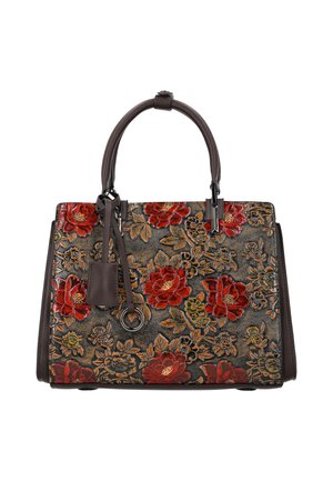 Bruine handtas met twee handvatten, versierd met rode en oranje reliëf bloemmotieven en een klein aangehecht tasje.