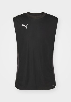 Fekete ujjatlan sporttops, könnyű anyagból készült, kerek nyakkivágással, hálós részletekkel és fehér Puma logóval az elején.