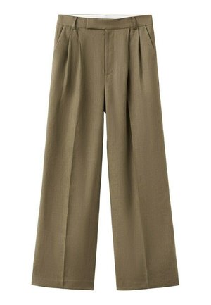 Hoge taille olijfgroene wide-leg broek met riemlussen, voorvouwen en zijzakken, weergegeven op een witte achtergrond.