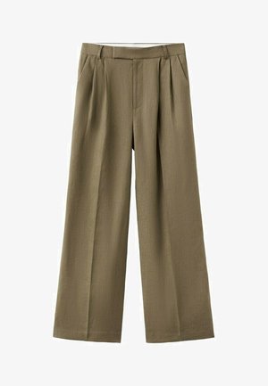 Hoge taille olijfgroene wide-leg broek met riemlussen, voorvouwen en zijzakken, weergegeven op een witte achtergrond.