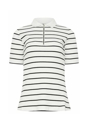 Polo de manga corta blanca con rayas horizontales negras y media cremallera en el cuello delantero.