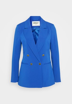 Blue double-breasted blazer made of smooth fabric, featuring gold buttons, notched lapels, and two front pockets.