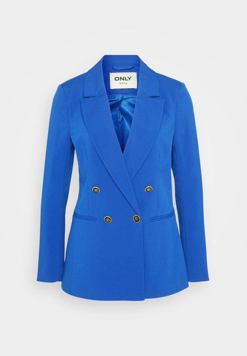 Blazer bleu à double boutonnage en tissu lisse, doté de boutons dorés, de revers notés et de deux poches avant.