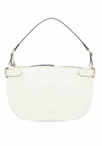 Borsa in pelle bianca con forma curva, una maniglia corta con dettagli neri e hardware dorato. Presenta un design minimalista senza motivi visibili.