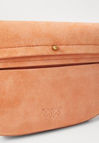Borsa in suede pesco con chiusura a pattina, dotata di bottone a pressione dorato e logo stampato. Texture liscia e forma rettangolare.