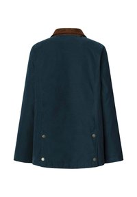 Marineblauwe jas met een bruine ribfluwelen kraag. Voorzien van drukknoopsluitingen en een iets losse pasvorm. Soepele textuur zonder zichtbare patronen.