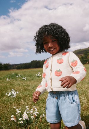 Ein kleines Kind mit lockigem Haar, das einen Pullover mit Erdbeermuster und blaue Shorts trägt, steht auf einer Wiese mit weißen Blumen unter einem bewölkten Himmel.