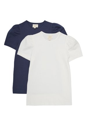 Twee t-shirts met korte mouwen, één marineblauw en één wit, met pofmouwen en een ronde halslijn, gemaakt van zachte katoenstof.