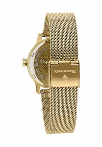 Orologio in acciaio inossidabile dorato con cinturino a rete, cassa tondeggiante e vetro trasparente. Presenta un quadrante semplice e una chiusura a scatto sul cinturino.
