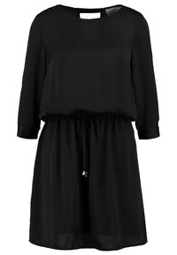 Vestido negro de manga larga con cuello redondo, cintura con cordón y un corte holgado. Fabricado en un tejido ligero con una textura suave.