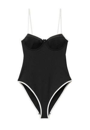 Black one-piece swimsuit with white trim, built-in underwire cups, and thin adjustable shoulder straps.