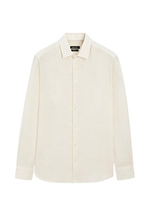 Chemise à manches longues couleur crème avec un col classique, des boutons visibles sur le devant et un ourlet légèrement arrondi.