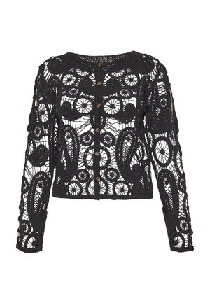Zwarte gehaakte cardigan met lange mouwen, ingewikkelde paisleypatronen en houten knopen aan de voorkant. Open geweven textuur.
