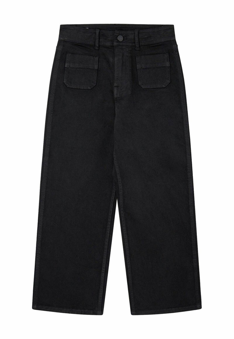 Pantalon noir à jambes larges avec poches plaquées sur le devant, passants de ceinture et fermeture par bouton à la taille.