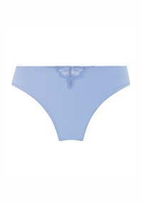 Lyseblå bikini-truser med en glatt tekstur, med en blondekant foran i et sommerfugl-mønster og smal elastisk midje.