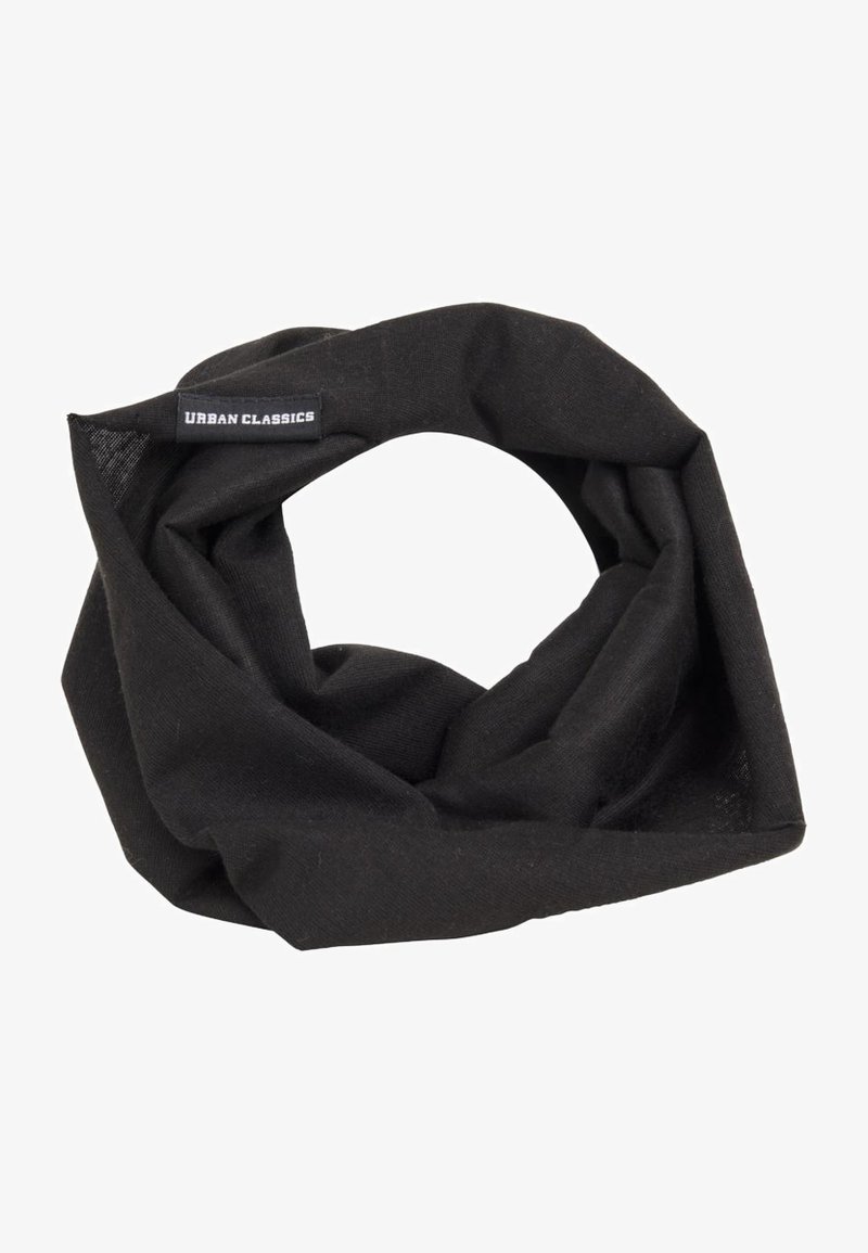 Gaiter de cou en tissu tubulaire noir avec l'étiquette "Urban Classics" sur fond blanc, conçu pour une utilisation décontractée et la chaleur.
