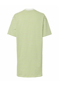 T-shirt à manches courtes avec des rayures horizontales étroites vertes et blanches, vue de dos sur fond blanc.
