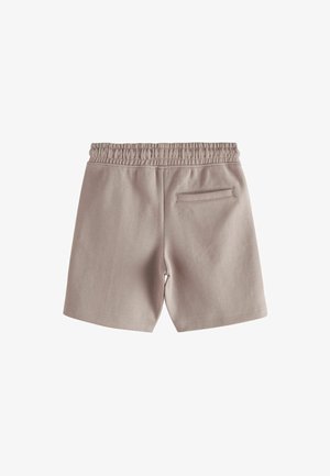 Svetlo bež kratke hlače iz tkanine z elastičnim pasom, z enim hrbtnim žepom in čistim, preprostim dizajnom.