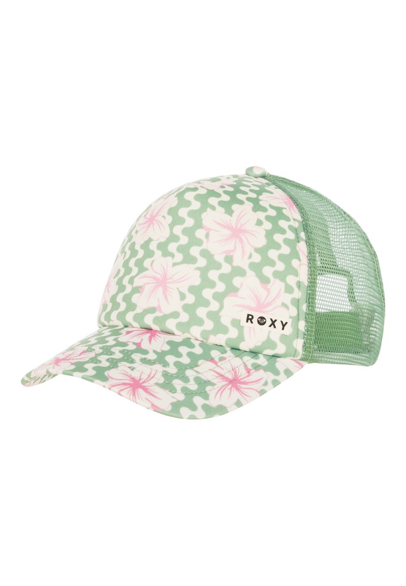 Grüner Hut mit floralem rosa Muster und gewelltem Design. Netzrücken für Atmungsaktivität. Mit einem Roxy-Logo auf der Vorderseite.