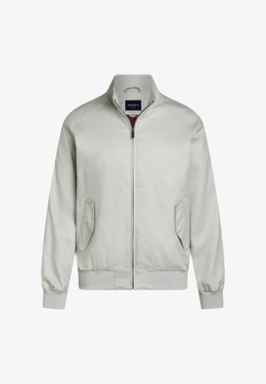 Light gray zip-up bomber jacket with ribbed cuffs and hem, flap pockets, and a stand-up collar, displayed on a white background.