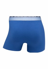 Blue boxer shorts made of soft cotton, featuring a light gray elastic waistband with a repeating text pattern in dark blue.