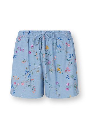 Lichtblauwe shorts met elastische taille en trekkoord, versierd met een kleurrijk delicaat bloemenpatroon en kleine blaadjes.